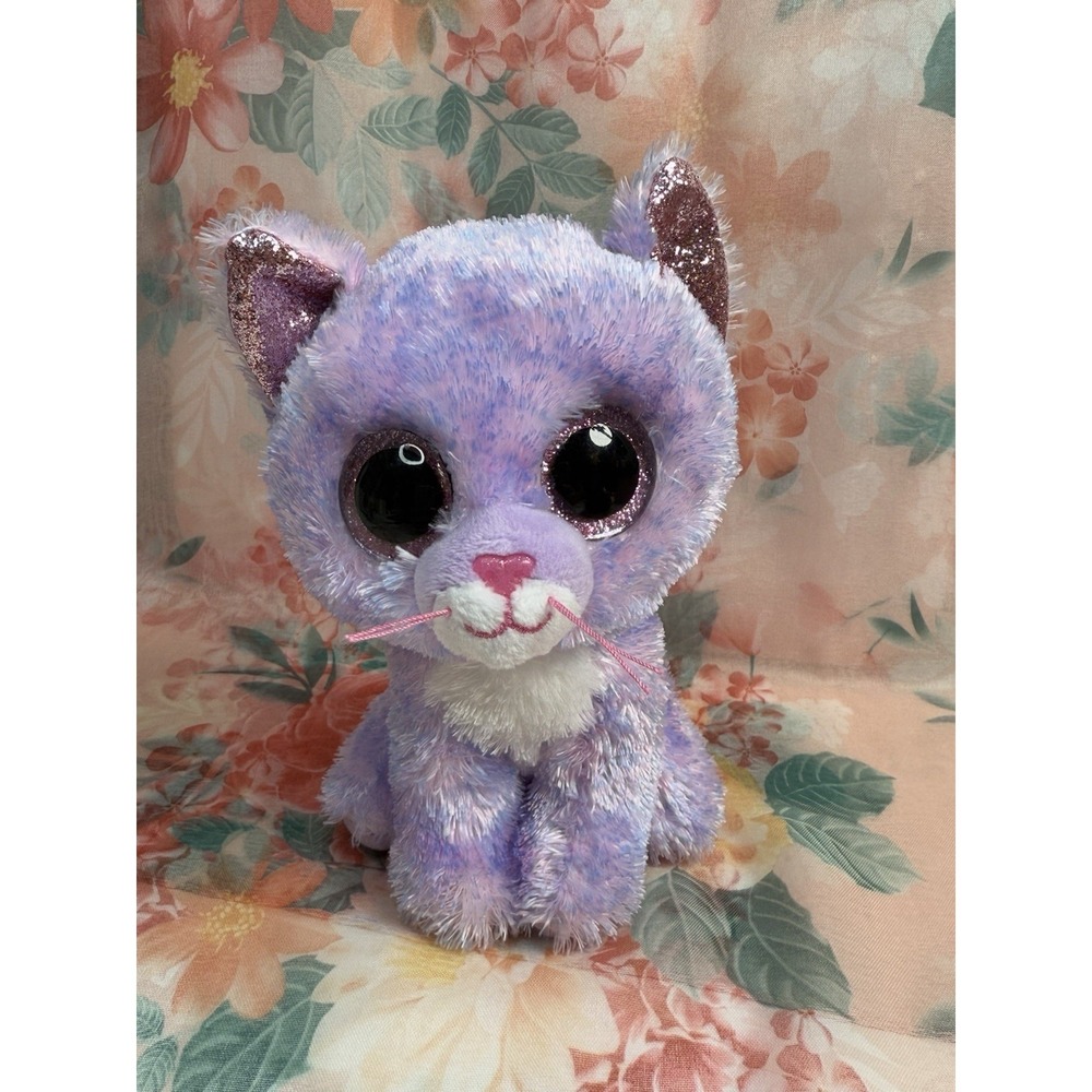 TY Beanie Boo Cassidy Cat Plush 6" Purple Pink Glitter Eyes Stuffed Animal